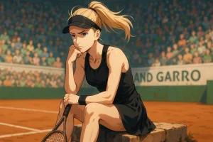 Elina Svitolina in a black tennis dress, sitting thoughtfully on a stone at Roland Garros, reflecting with confidence after a match on the clay court