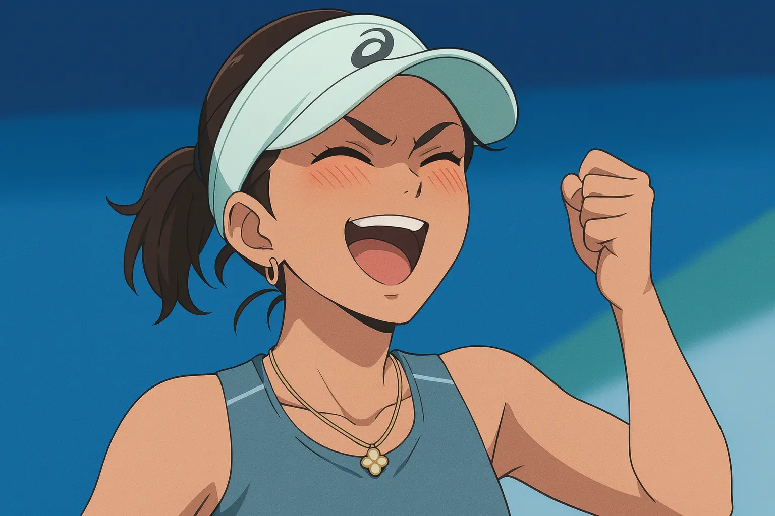 illustration of Eva Lys celebrating joyfully after her Round of 16 win at the 2025 China Open, with a triumphant fist and wide smile