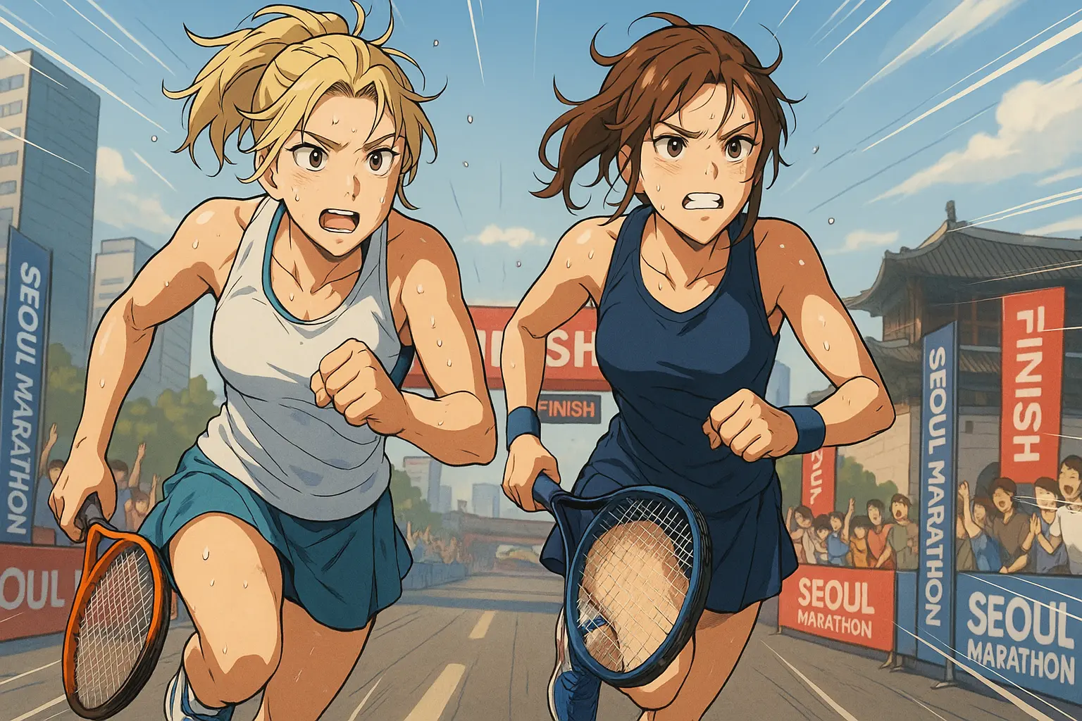 Illustration of tennis players Ella Seidel and Beatriz Haddad Maia running side by side in the Seoul Marathon 2025, holding racquets, sweating, and racing toward the finish line with the Seoul cityscape and cheering crowd in the background.