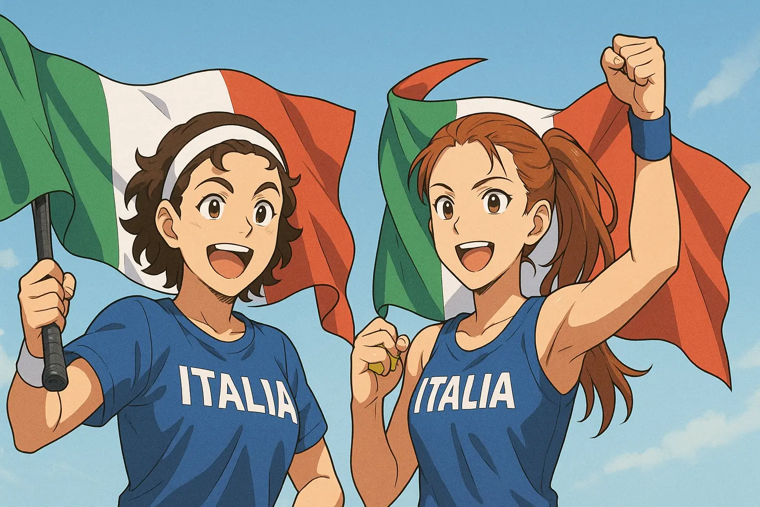 Paolini and Cocciaretto celebrating Billie Jean King Cup victory in 2025, waving flags joyfully