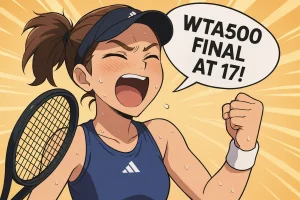 Illustration of 17-year-old tennis player Iva Jovic celebrating her WTA500 final qualification