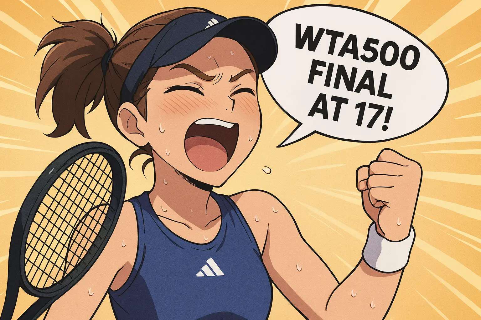 Illustration of 17-year-old tennis player Iva Jovic celebrating her WTA500 final qualification