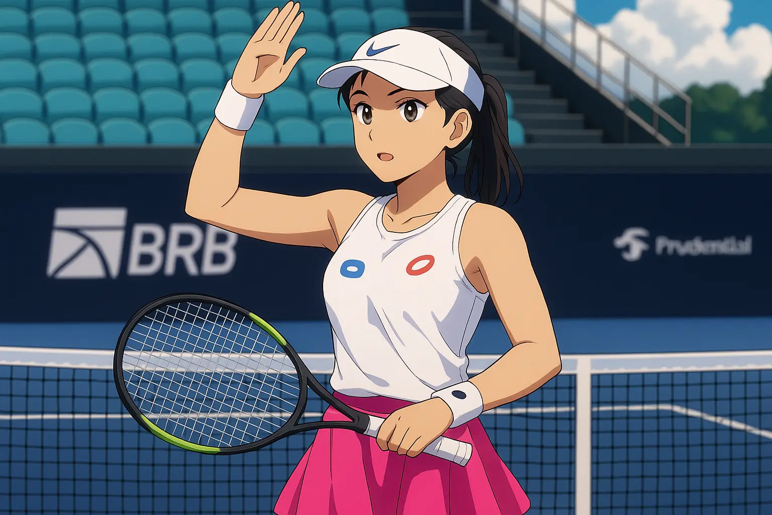 Image of Janice Tjen celebrating on a tennis court after defeating Alexandra Eala at the 2025 São Paulo Open, wearing a white top and pink skirt while holding her racket.