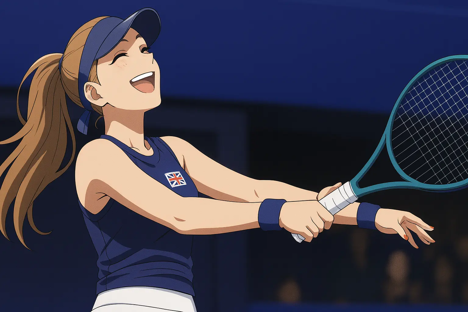 llustration of Katie Boulter celebrating victory on a hardcourt, smiling and raising her racket in joy