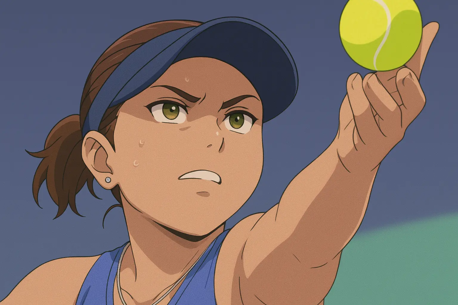 Illustration of Anisimova in full focus, preparing to serve with a raised ball and intense gaze on a blue-toned court in China.