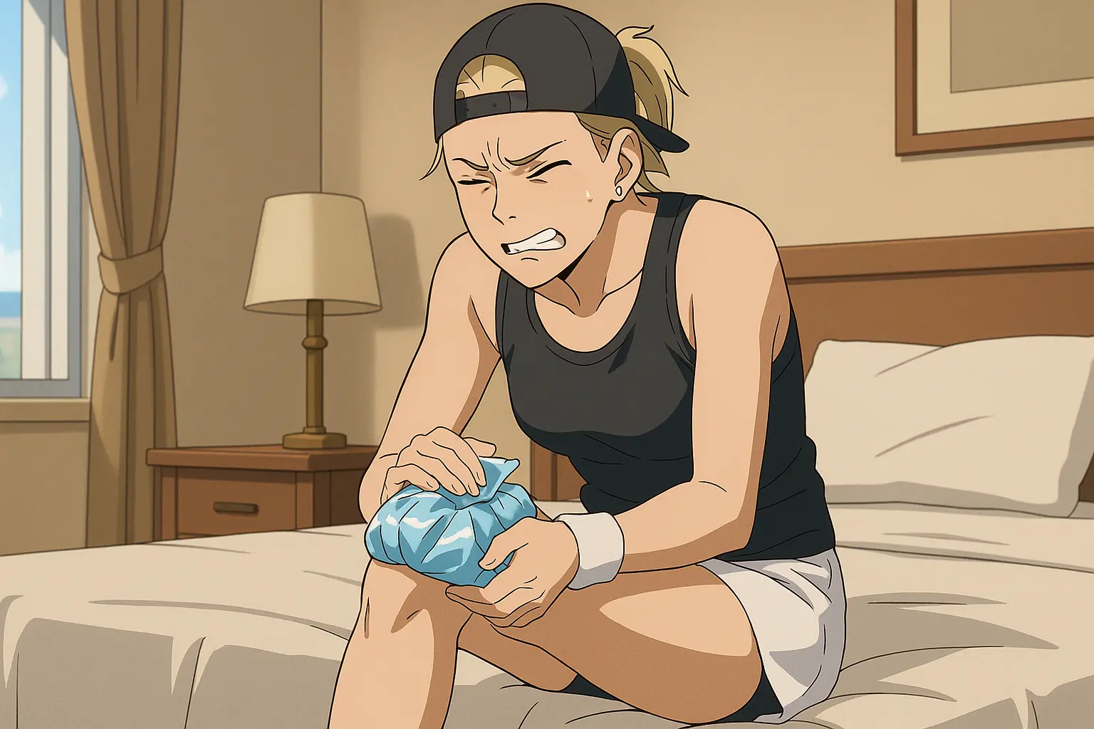 Image of a female tennis player sitting on a hotel bed with ice packs on her injured knee, showing visible pain and disappointment.