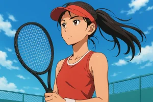 Qinwen Zheng on a tennis court, holding her racket and preparing for her WTA comeback.