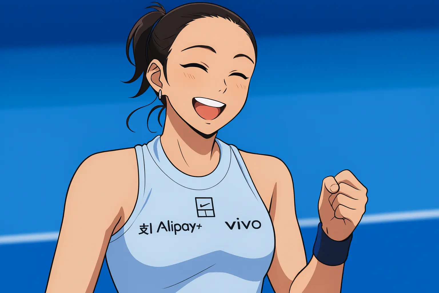 illustration of Qinwen Zheng celebrating with a smile and clenched fist after reaching the third round of the 2025 China Open.