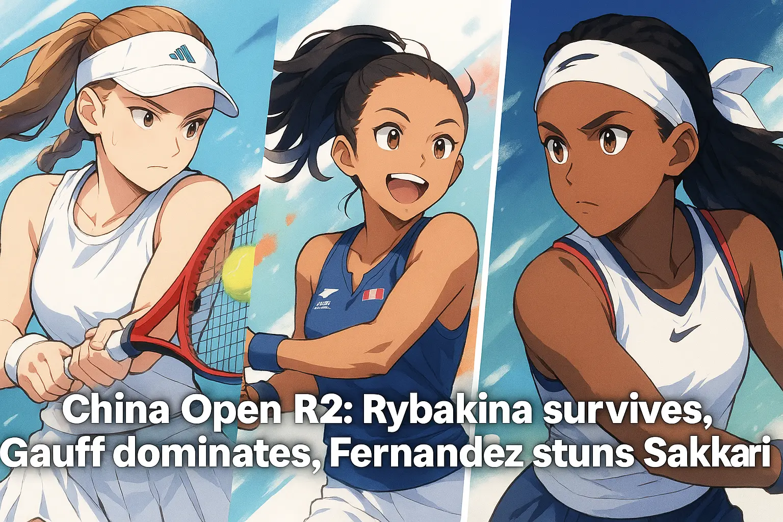 Illustration of Elena Rybakina, Leylah Fernandez, and Coco Gauff during China Open 2025 Round 2, with bold text highlighting their wins.