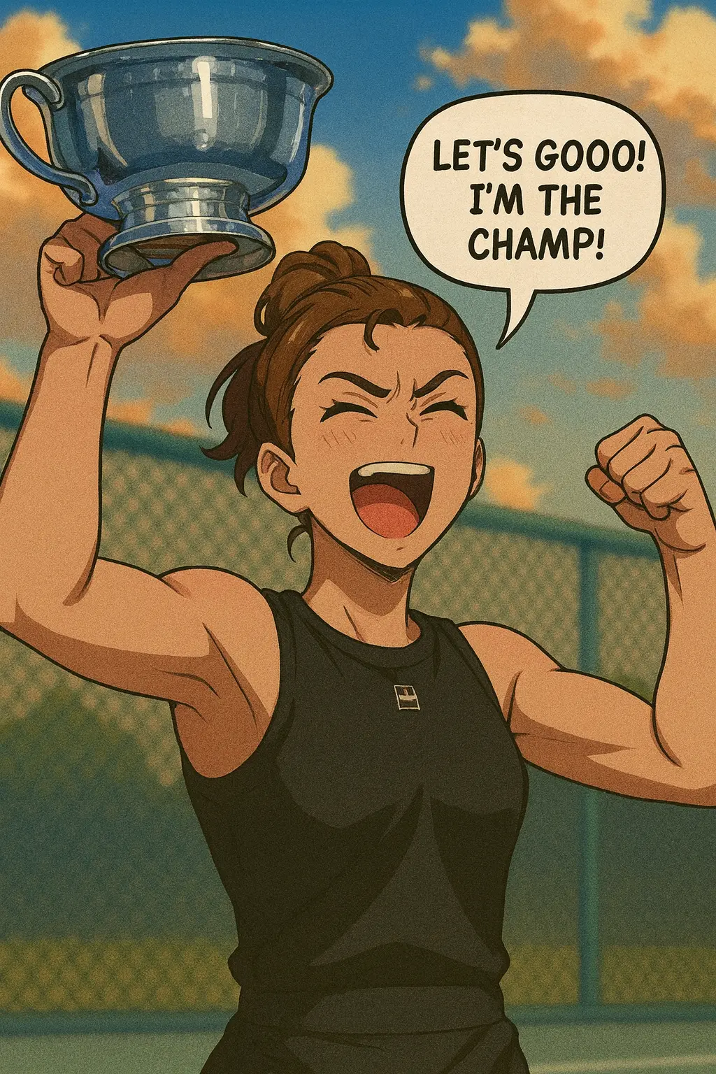 Iillustration of Sara Errani celebrating her US Open Mixed Doubles victory, holding a silver trophy aloft with a triumphant fist pump.