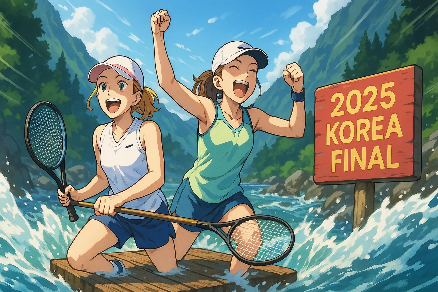 Illustration of Iga Swiatek and Ekaterina Alexandrova celebrating on a wooden raft, paddling with tennis rackets past a “2025 Korea Final” sign