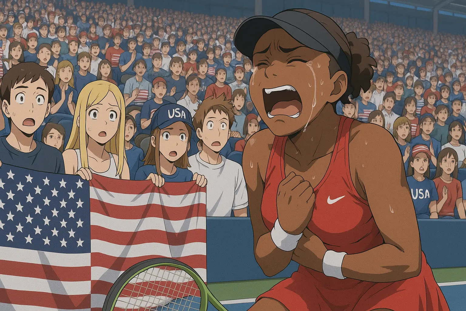 Taylor Townsend crying in heartbreak after losing a long tiebreak against Barbora Krejcikova, with a packed stadium of shocked American fans