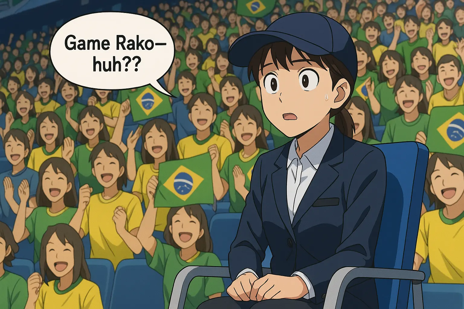 Tennis umpire sitting courtside, surprised as Brazilian fans cheer wildly in the background with a speech balloon reading "Game Rako—huh??"