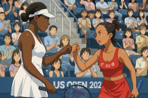 Venus Williams and Leylah Fernandez walking off court at the US Open 2025 after a doubles quarterfinal loss, both looking disappointed