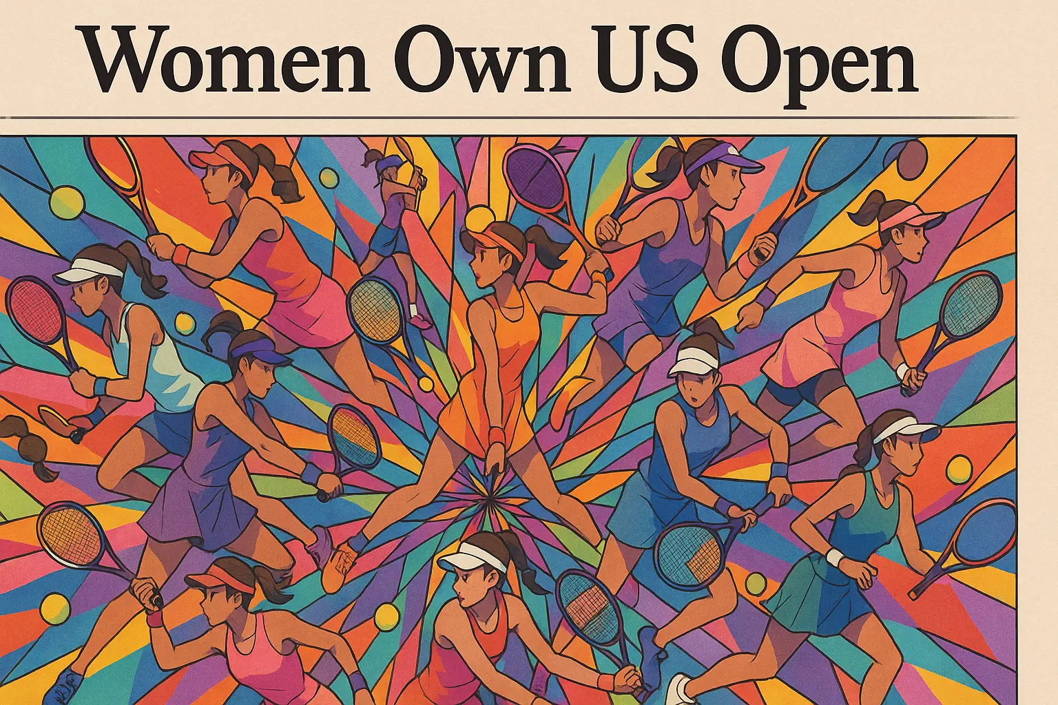 Illustration of female tennis players in a colorful kaleidoscope with headline “Women Own US Open.