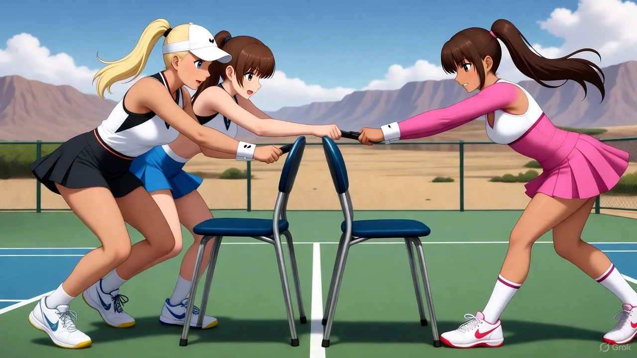 Illustration showing three female tennis players on court, two on one side and one on the other, straining against each other with chairs in a tense standoff under a bright sky and mountain backdrop, symbolizing the fight for the last WTA Finals places.