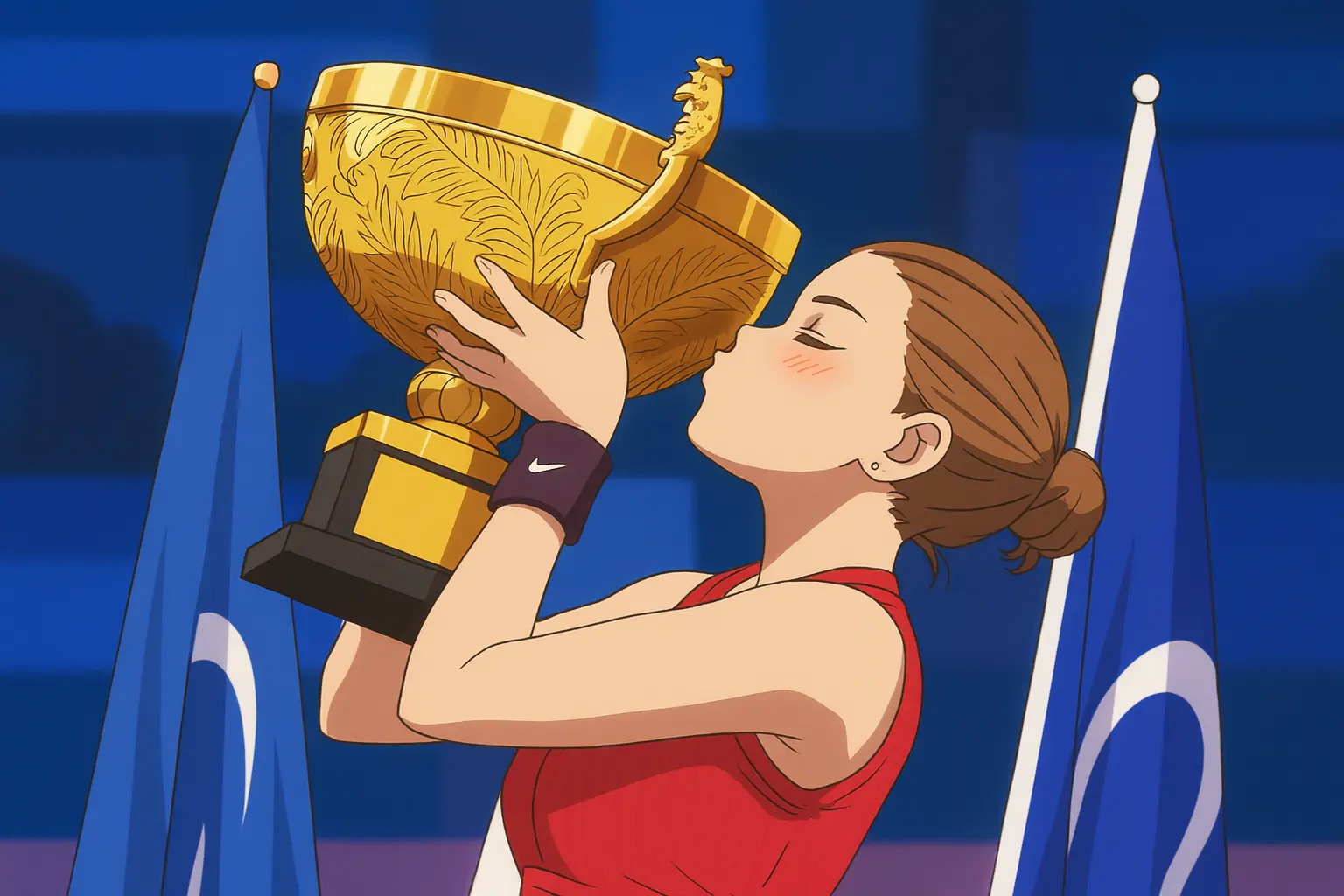 Amanda Anisimova kissing her golden trophy after winning the WTA 1000 title in Beijing