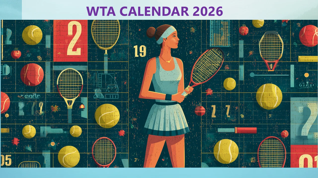 WTA Calendar 2026 header with a stylized female tennis player holding a racket, surrounded by tennis balls and court-style numbers.