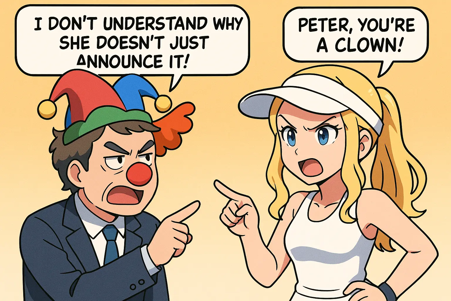 Caroline Wozniacki animated cartoon arguing with Danish commentator Peter Bastiansen, who wears a clown hat, referencing her viral “Peter, you’re a clown” remark.