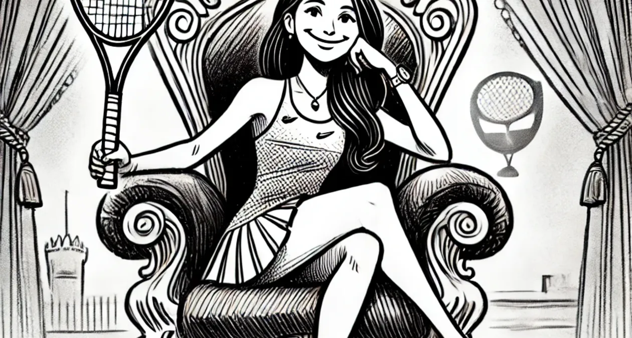 Ekaterina Alexandrova sits on a grand throne, holding her tennis racket like a scepter and smiling confidently in a black and white cartoon illustration.