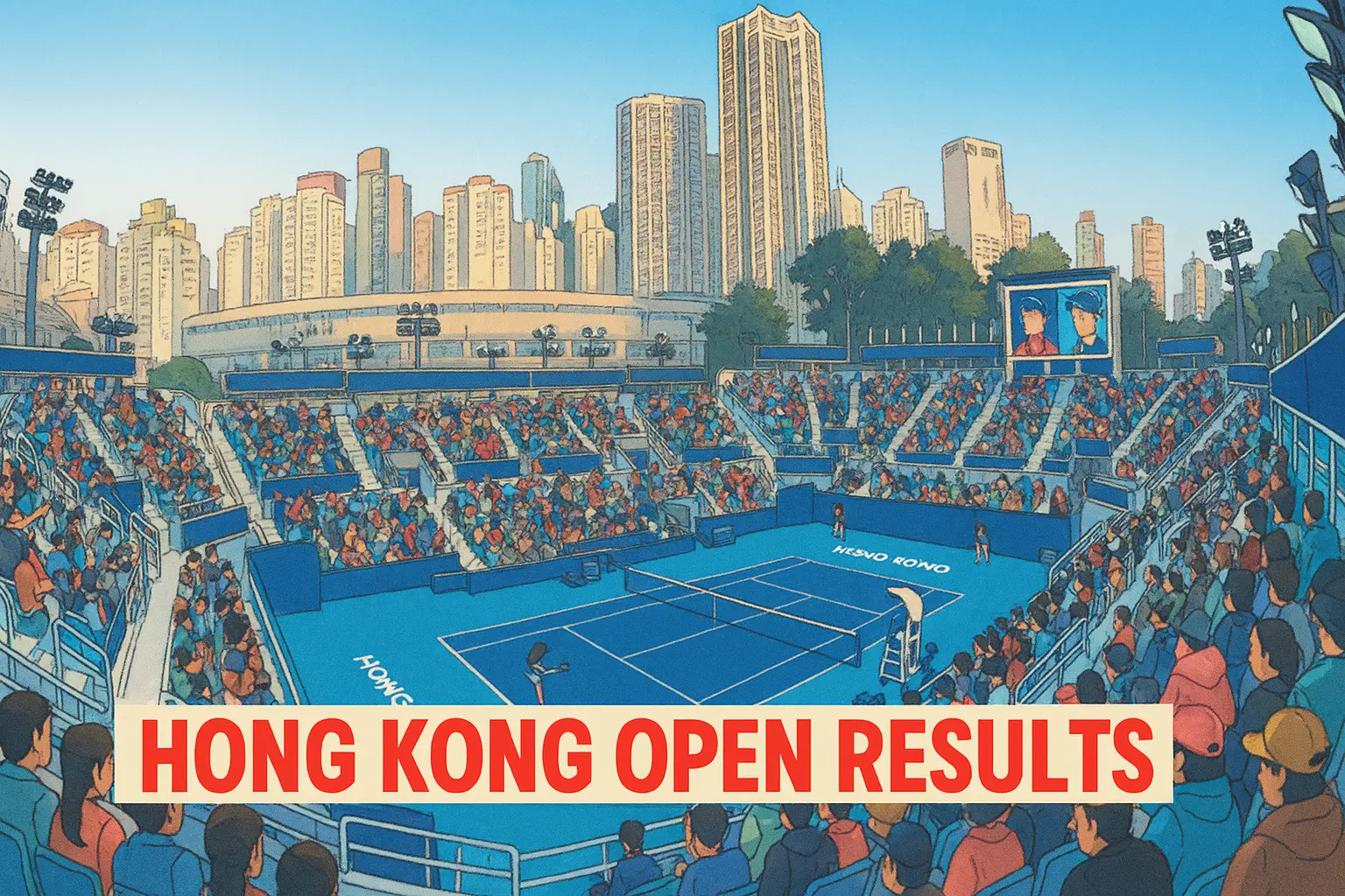 Illustration of the Hong Kong Open tennis stadium filled with fans, featuring blue hard courts and the city’s skyscrapers in the background, with the text “HONG KONG OPEN RESULTS” in bold across the bottom.