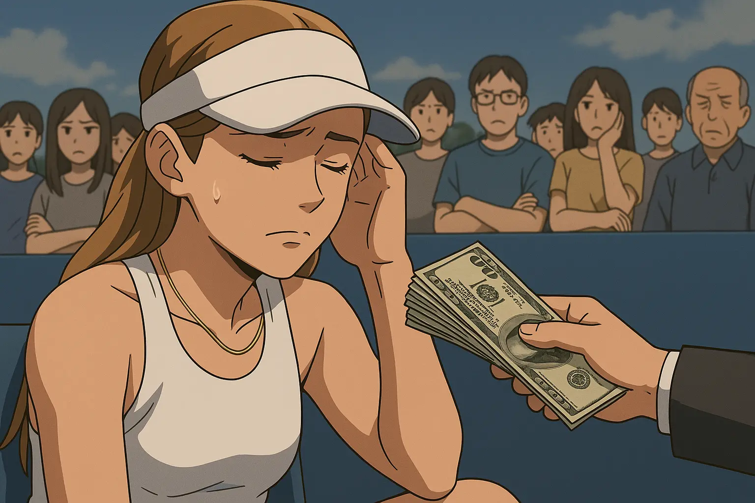 A female tennis player looking conflicted as she receives a stack of cash from an outstretched hand, with a disappointed crowd in the background.