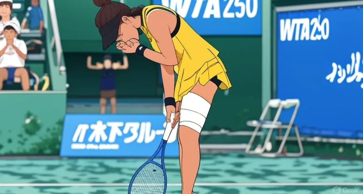 Artwork of Naomi Osaka, leaning on her racket with a bandage on her thigh, on a WTA 250 court with spectators in the background.