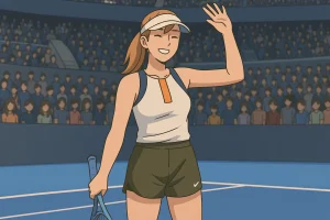 illustration of Linda Nosková waving and smiling on a blue tennis court after advancing to the China Open 2025 Final.