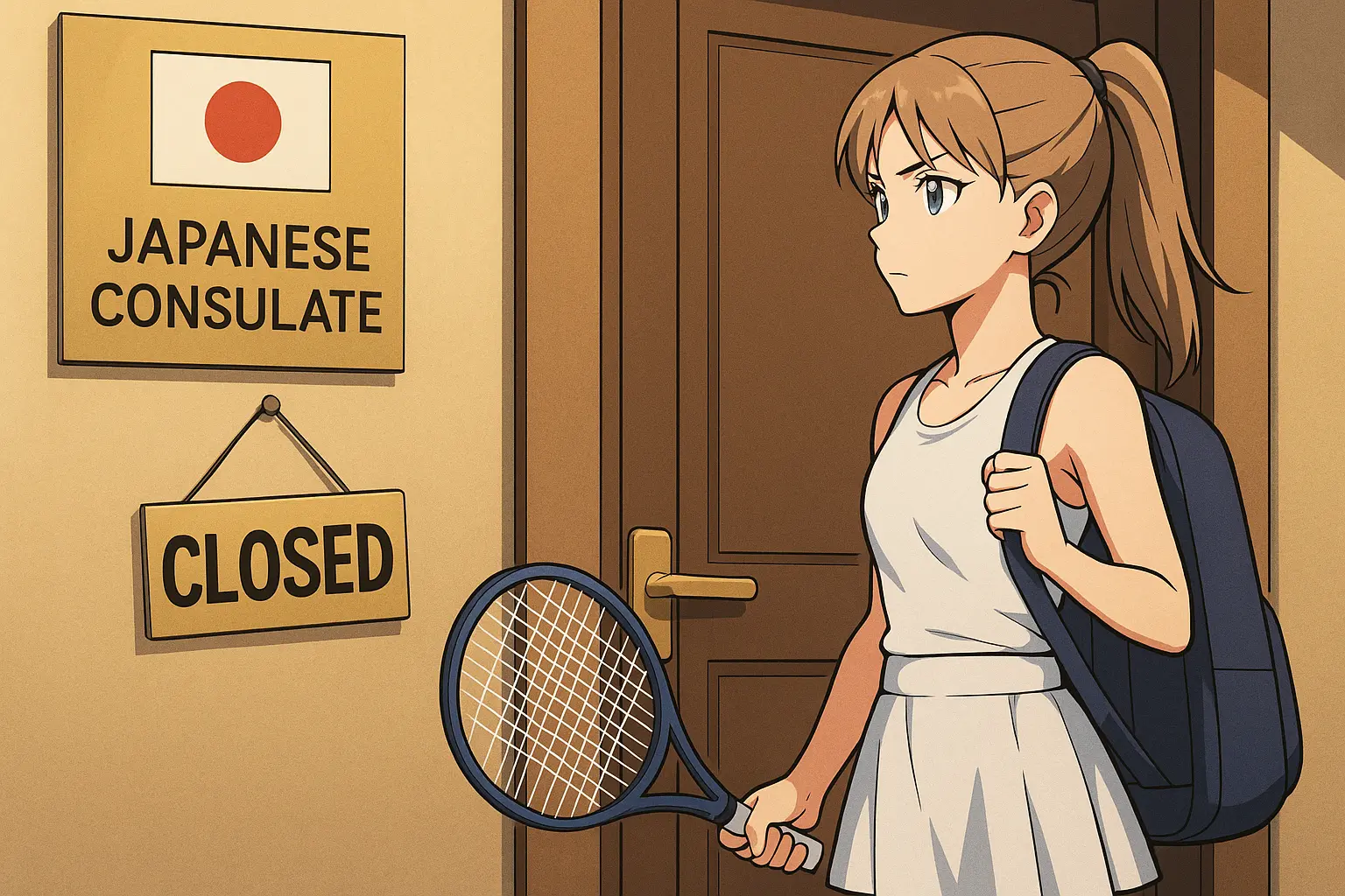 Illustration showing young tennis player Mirra Andreeva standing in full tennis gear in front of a closed Japanese consulate door, symbolizing her visa struggle to compete in Tokyo.