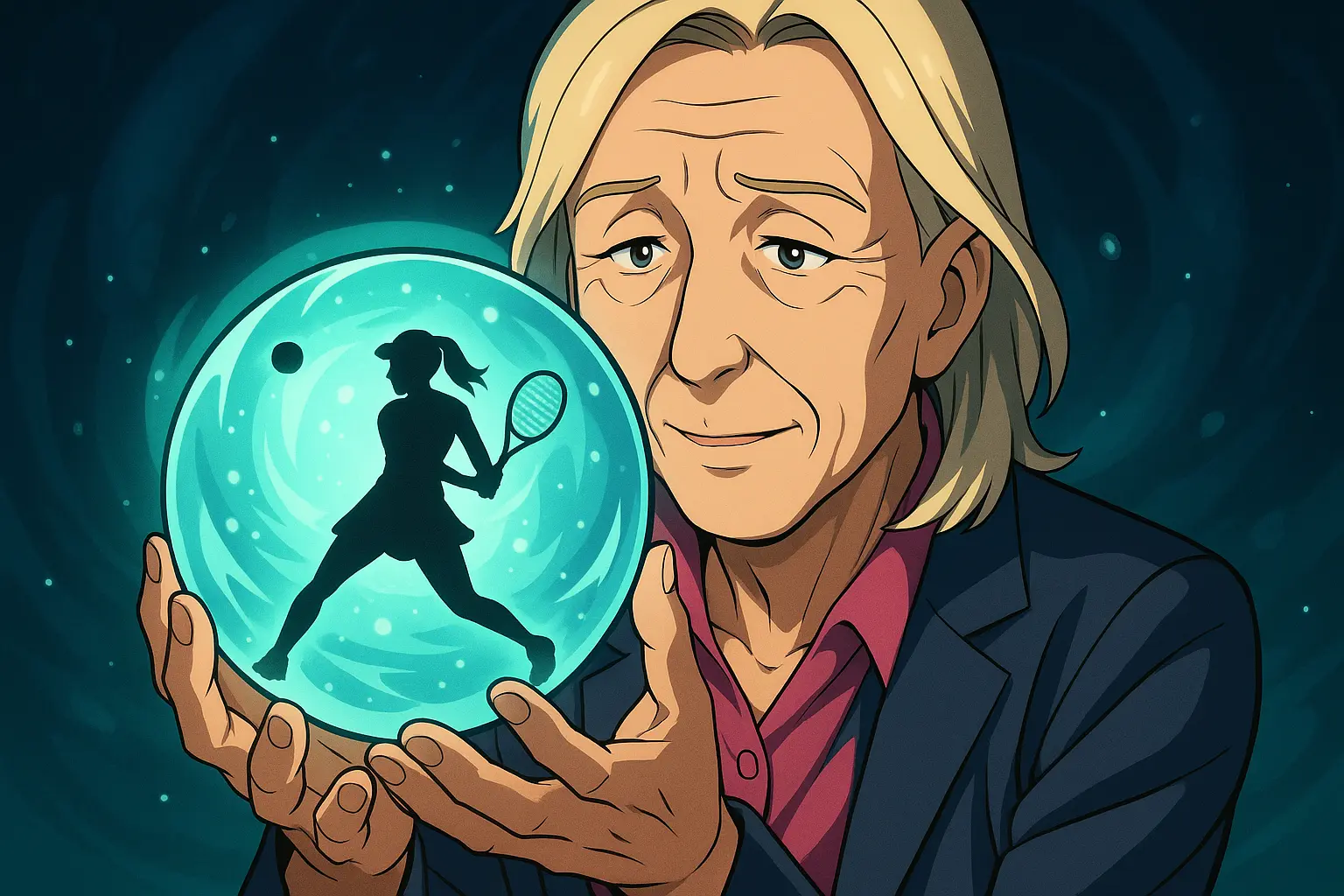 Illustration of Martina Navratilova gazing into a glowing tennis crystal ball with a player silhouette inside.