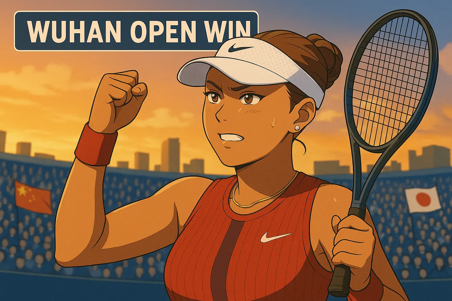 illustration of a joyful Naomi Osaka in after her Wuhan Open victory