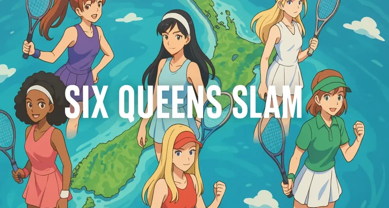 Illustration showing six women tennis players as queens around a symbolic map of New Zealand, promoting the Six Queens Slam — a visionary counterpart to the oil-backed Six Kings Slam, celebrating equality and women’s sport.