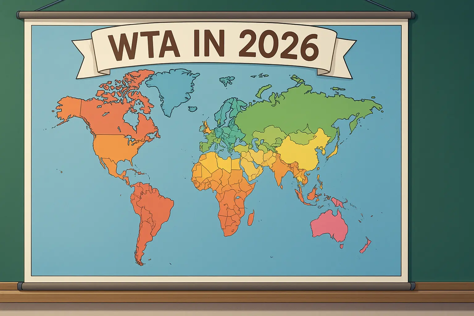 Anime-style classroom map of the world with banner reading "WTA in 2026", symbolizing the global scope of the newly announced WTA 2026 calendar.