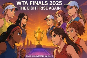 Poster of the eight WTA Finals 2025 players — Coco Gauff, Aryna Sabalenka, Iga Swiatek, Madison Keys, Amanda Anisimova, Jessica Pegula, Jasmine Paolini, and Elena Rybakina — standing around a glowing trophy on a Riyadh tennis court at sunset.