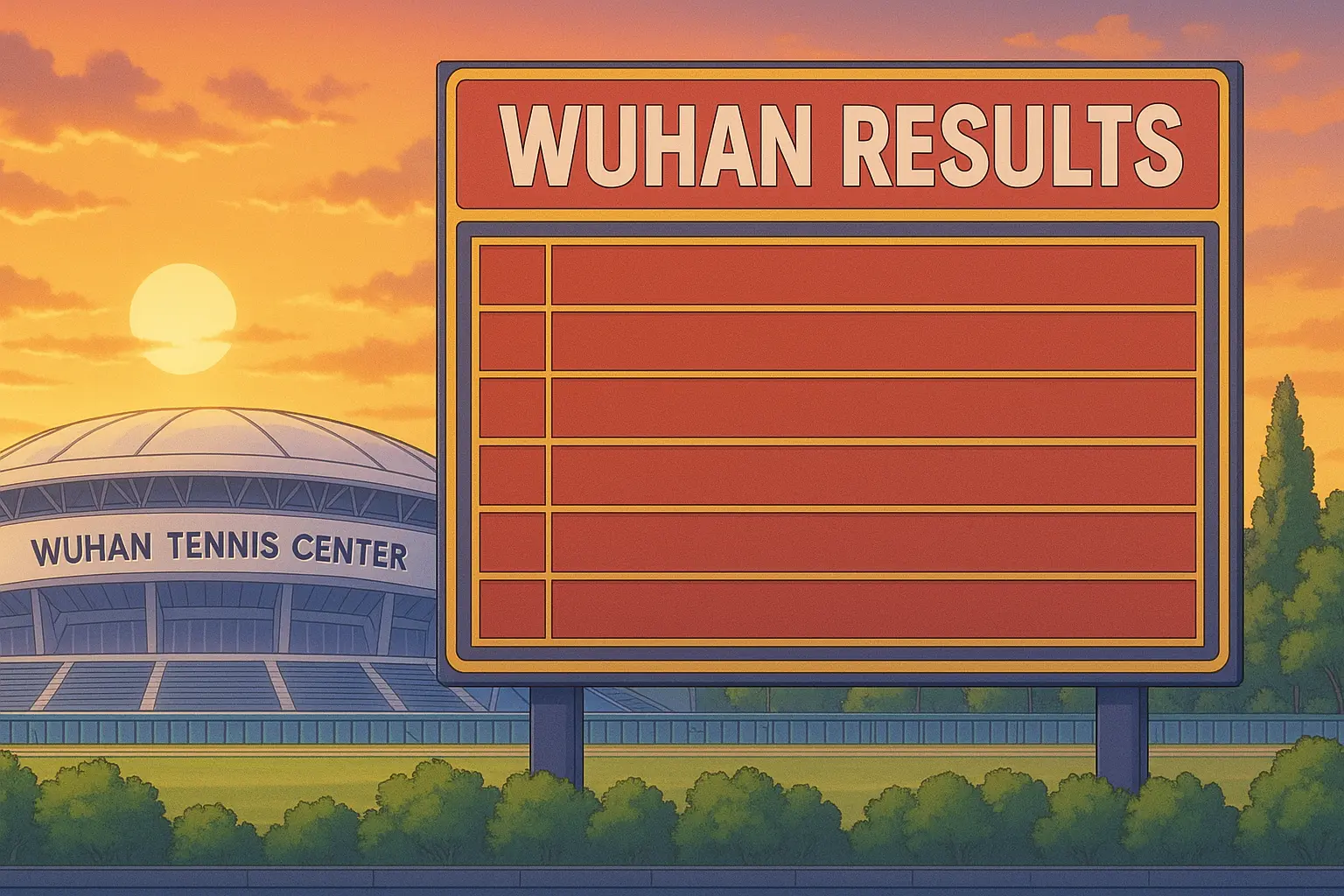 Scoreboard displaying “Wuhan Results” outside Wuhan Tennis Center at sunset, promoting full match outcomes from the 2025 Wuhan Open including qualifiers.