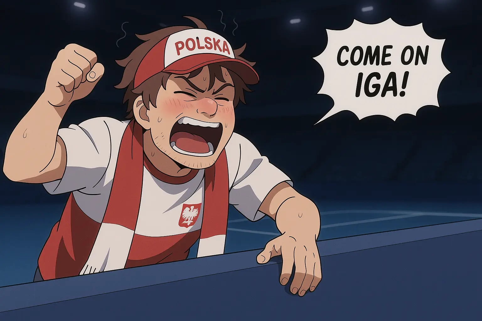 Illustration of a drunk Polish tennis fan shouting “Come on Iga!” while cheering on Iga Świątek from the stands of a dimly lit indoor blue hard court.