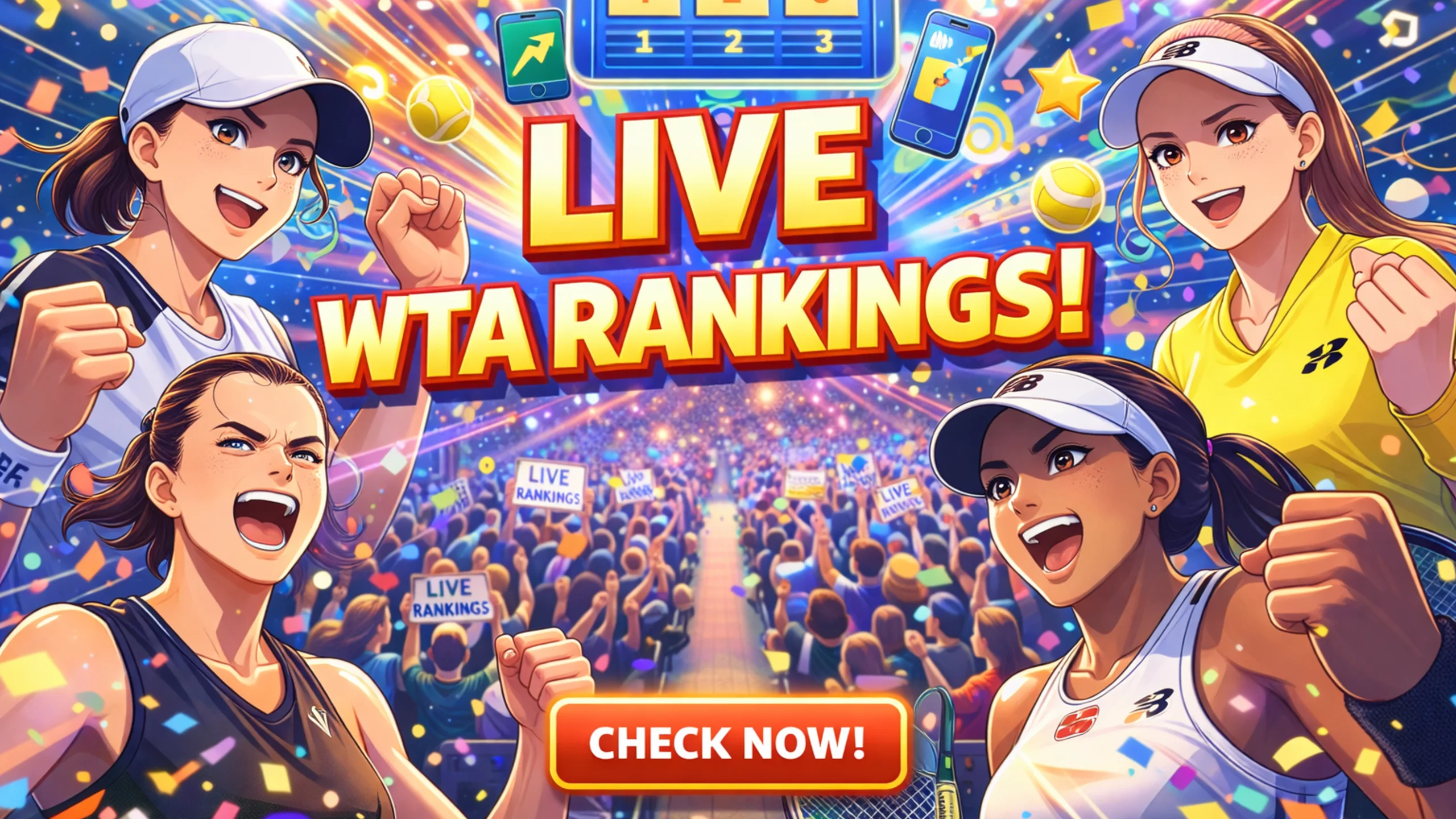 Colorful illustration of a tennis stadium surrounded by vibrant player cutouts and animated rankings boards representing the excitement of live WTA standings.