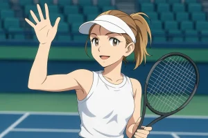illustration of Simona Halep waving goodbye on a tennis court, holding a racket, with a soft smile and raised hand, wearing a white visor and top, against a blurred stadium backdrop