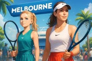 Two female tennis players, symbolizing Emerson Jones and Elizabeth Mandlik, stand confidently in front of Melbourne Park, holding rackets under a clear blue sky with palm trees and crowd in the background.