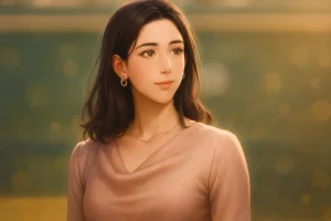 Garbiñe Muguruza posing confidently in an elegant pastel outfit with a calm expression, captured against a softly blurred tennis stadium background.