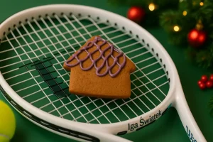 Christmas-themed gingerbread cookie with purple icing placed on Iga Swiatek’s signature tennis racket, surrounded by festive tennis elements.