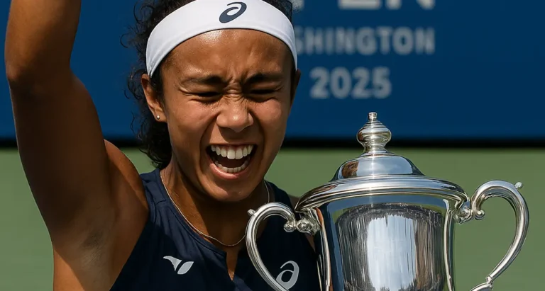 Leylah Fernandez celebrates with the Washington 2025 trophy after winning one of her two WTA singles titles of the 2025 season.