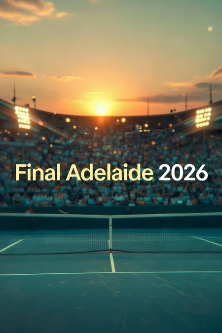 Preview graphic for the 2026 Adelaide International final, showing a tennis court in a packed stadium at sunset with “Final Adelaide 2026” text overlay.