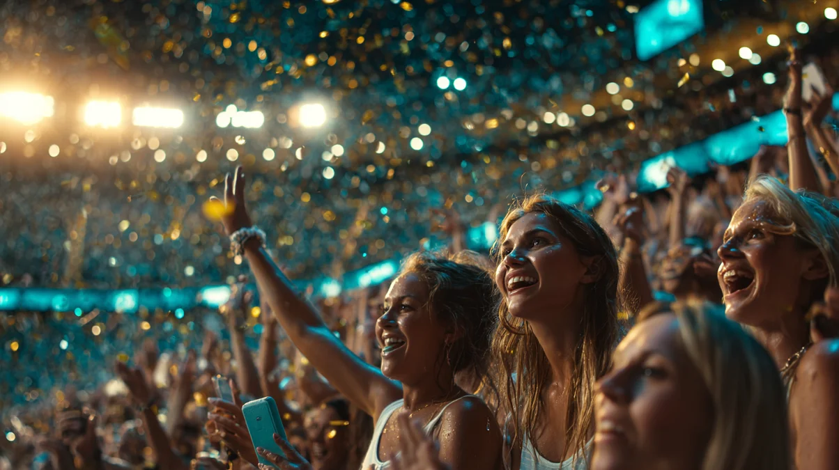 Fans celebrate under confetti during the Australian Open Women’s final at Melbourne Park, cheering in a packed stadium.