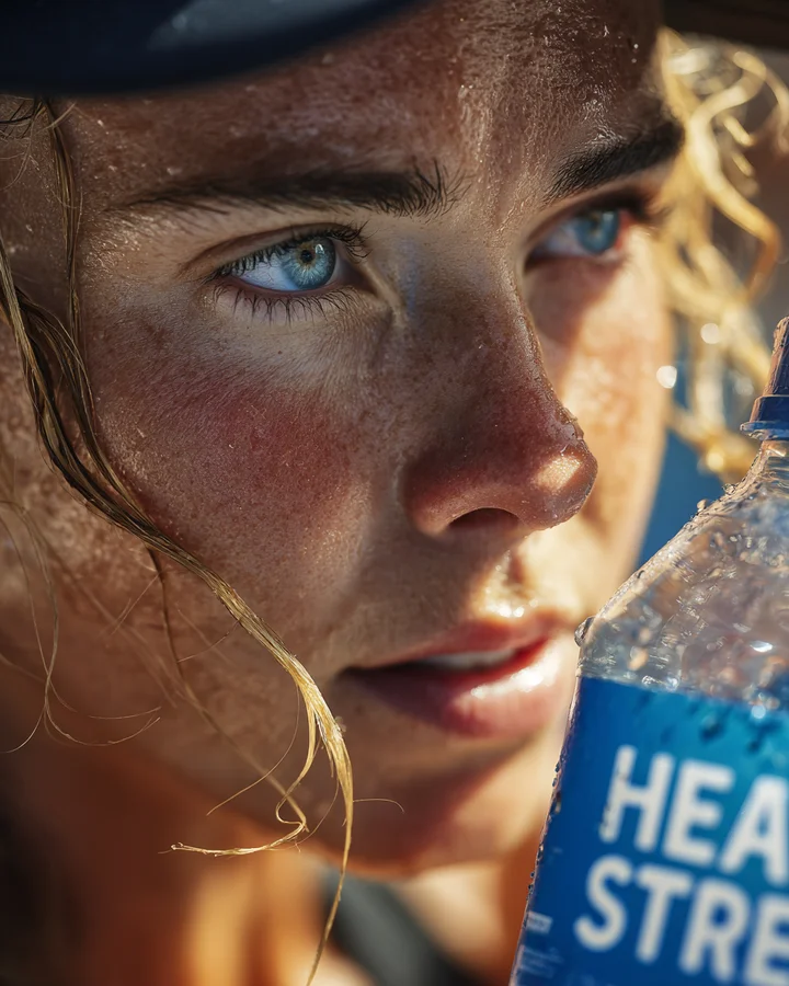 Close-up of a sweating tennis player drinking from a sports bottle under harsh sun as the Australian Open extreme heat policy is triggered at AO 2026.