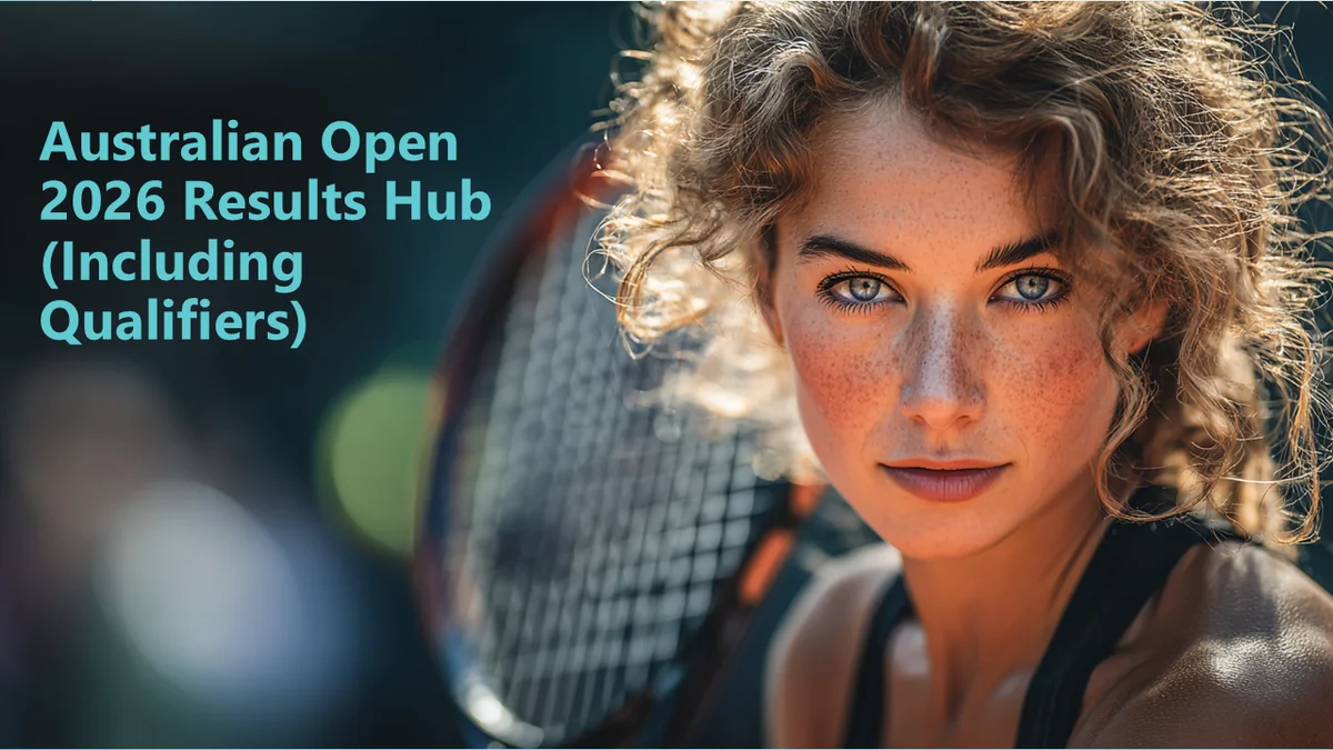 Australian Open 2026 Results Hub banner for the women’s singles Grand Slam, featuring a close-up tennis player portrait and the text “Including Qualifiers.”
