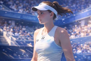Elena Rybakina standing focused during a match at the 2026 Australian Open, wearing a white visor and sleeveless tennis outfit under bright stadium lights with a packed crowd in the background.