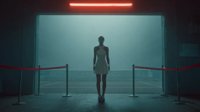 Silhouette of WTA player Jana Fett facing a foggy tennis court behind red barrier ropes, symbolizing an ITIA provisional suspension.