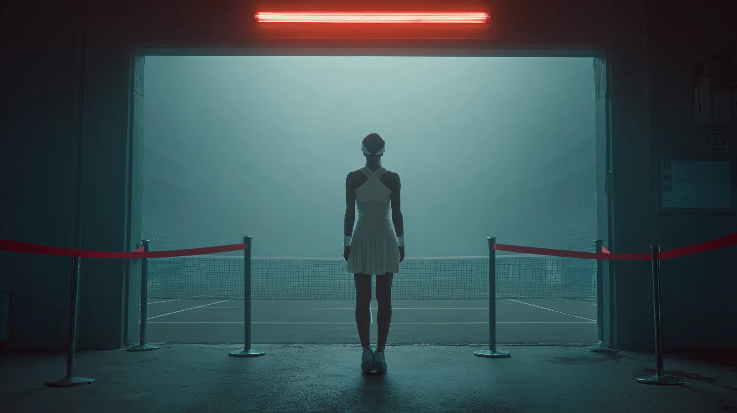Silhouette of WTA player Jana Fett facing a foggy tennis court behind red barrier ropes, symbolizing an ITIA provisional suspension.