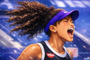 Naomi Osaka shouting in triumph on a blue tennis court wearing a purple visor and black-and-white outfit, with sweat glistening on her face and her curly ponytail in motion.